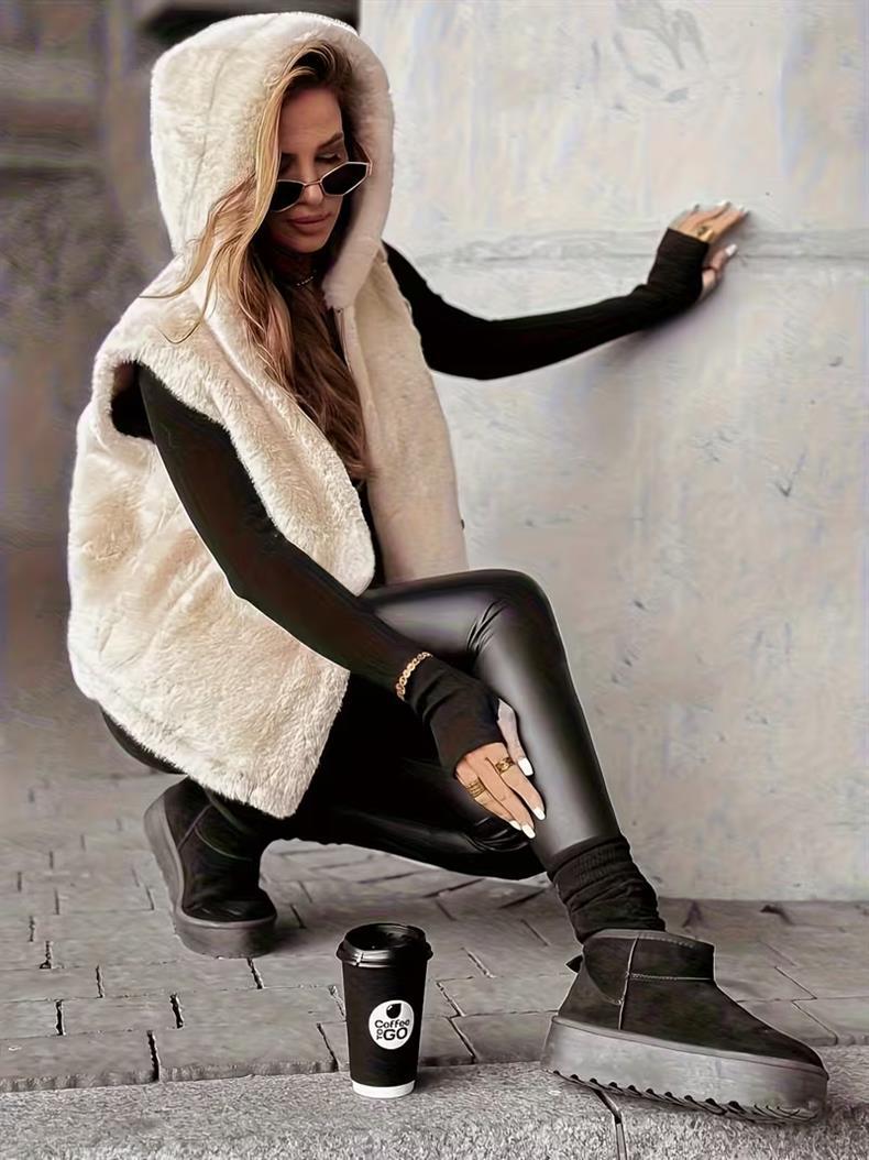 Minimalist Ecru Faux Fur Vest Sleeveless Open Front Layering