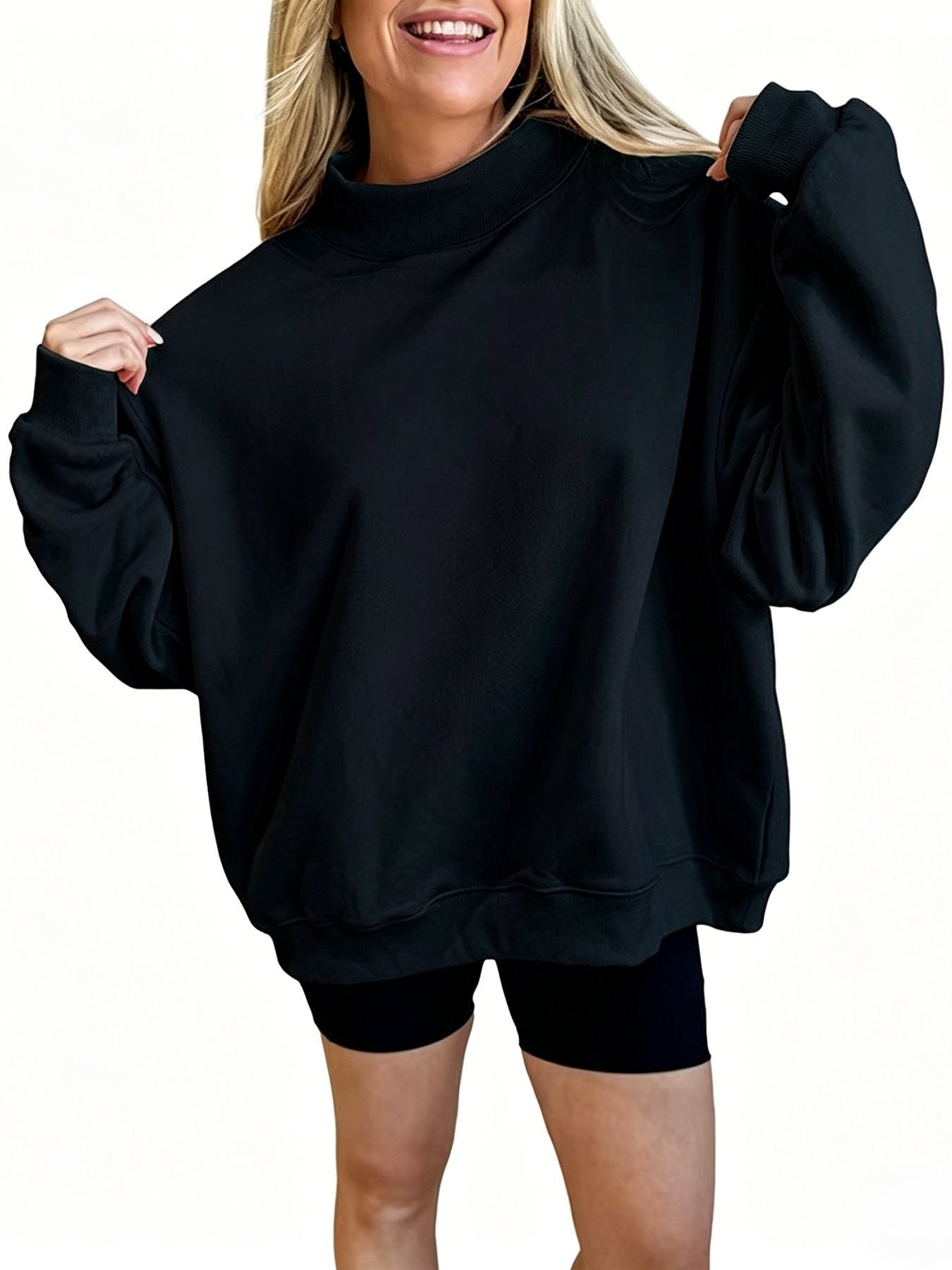 Women’s Oversized Mock Neck Sweatshirt – Poly-Cotton Long Sleeve Pullover Tops