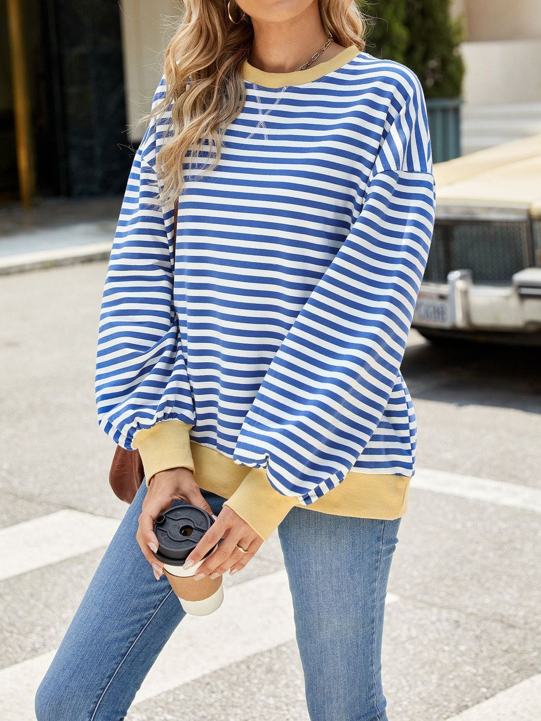Boutique Striped Crewneck Contrast Trim Top