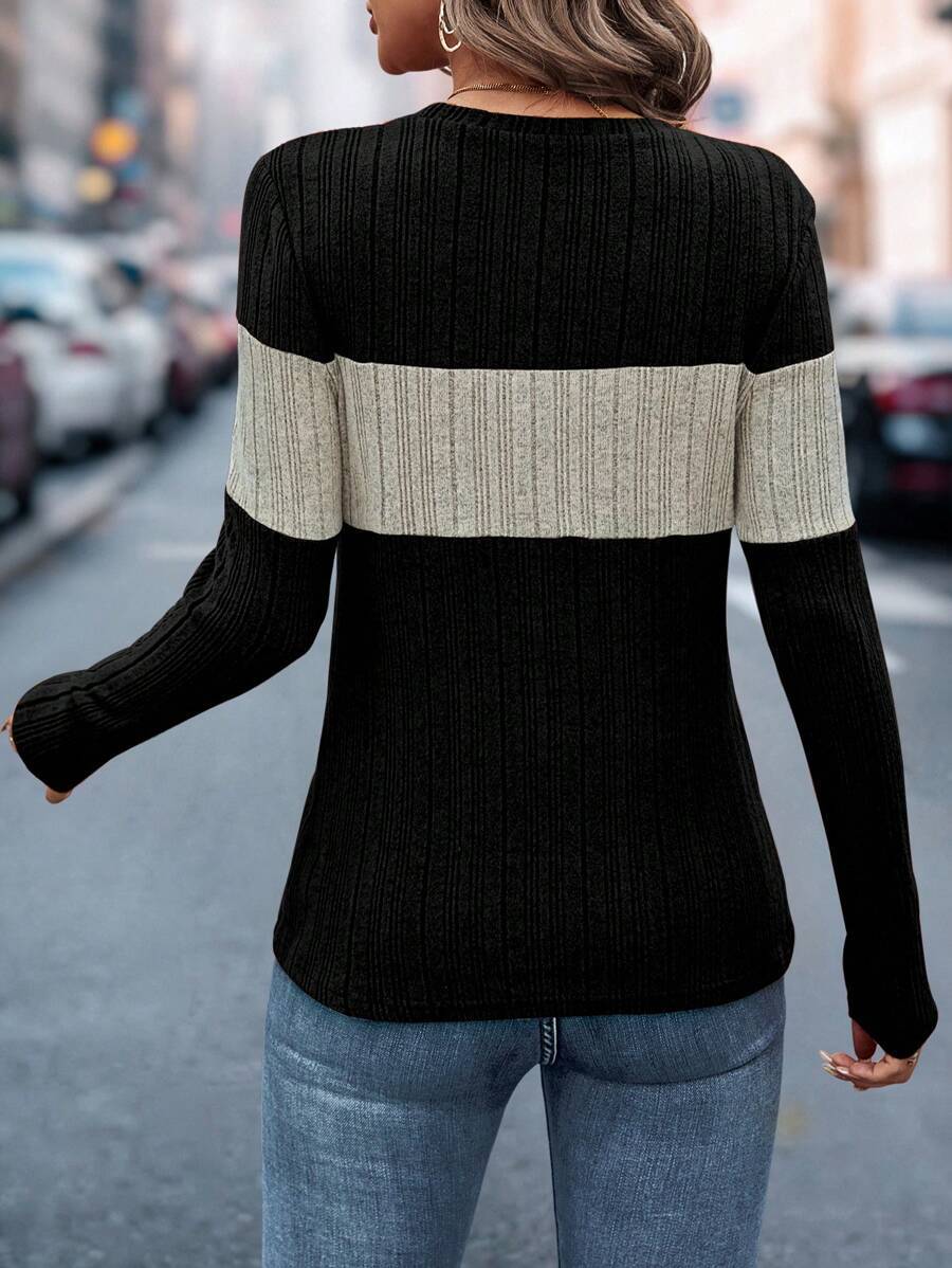Women's Color Block Ribbed Crew Neck Long Sleeve Knit Top