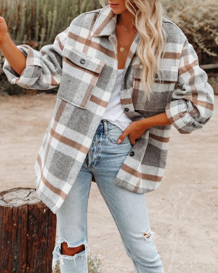 Boutique Neutral Plaid Button Front Shacket