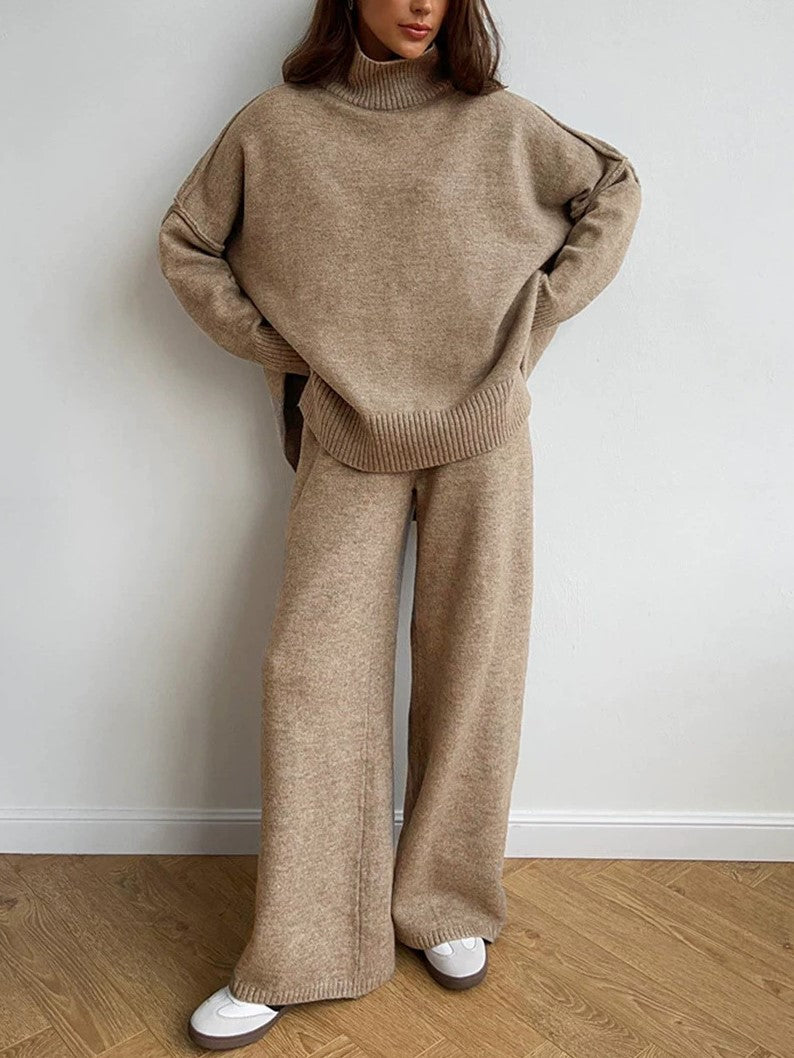 Boutique Turtleneck Sweater Wide Leg Pants Two Piece Knit Set