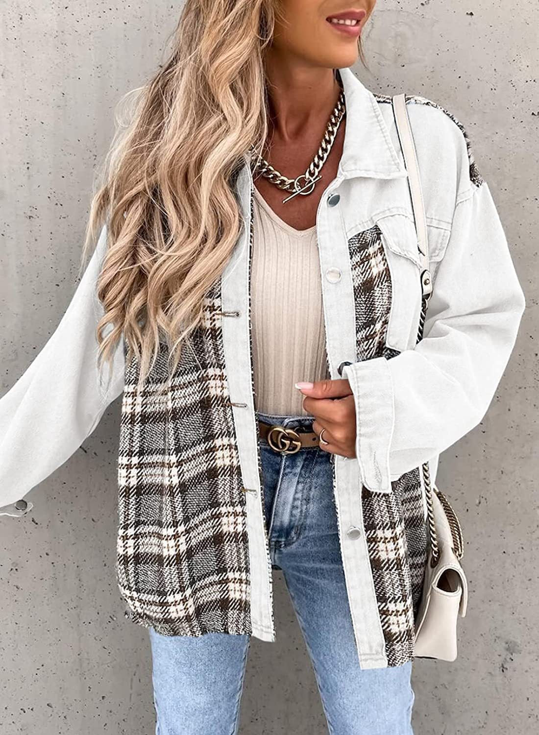 Women's Plaid Panel Button Front Long Sleeve Shirt Jacket