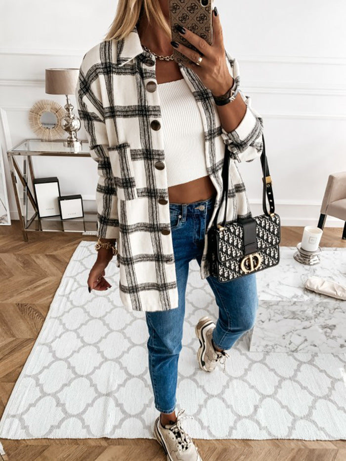 Women's White Plaid Button Front Long Sleeve Oversized Shirt