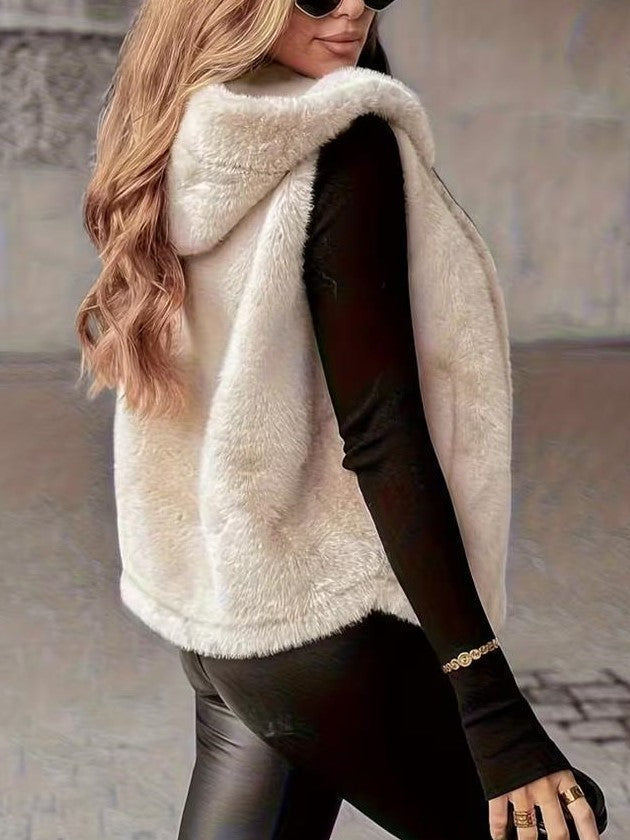 Minimalist Ecru Faux Fur Vest Sleeveless Open Front Layering