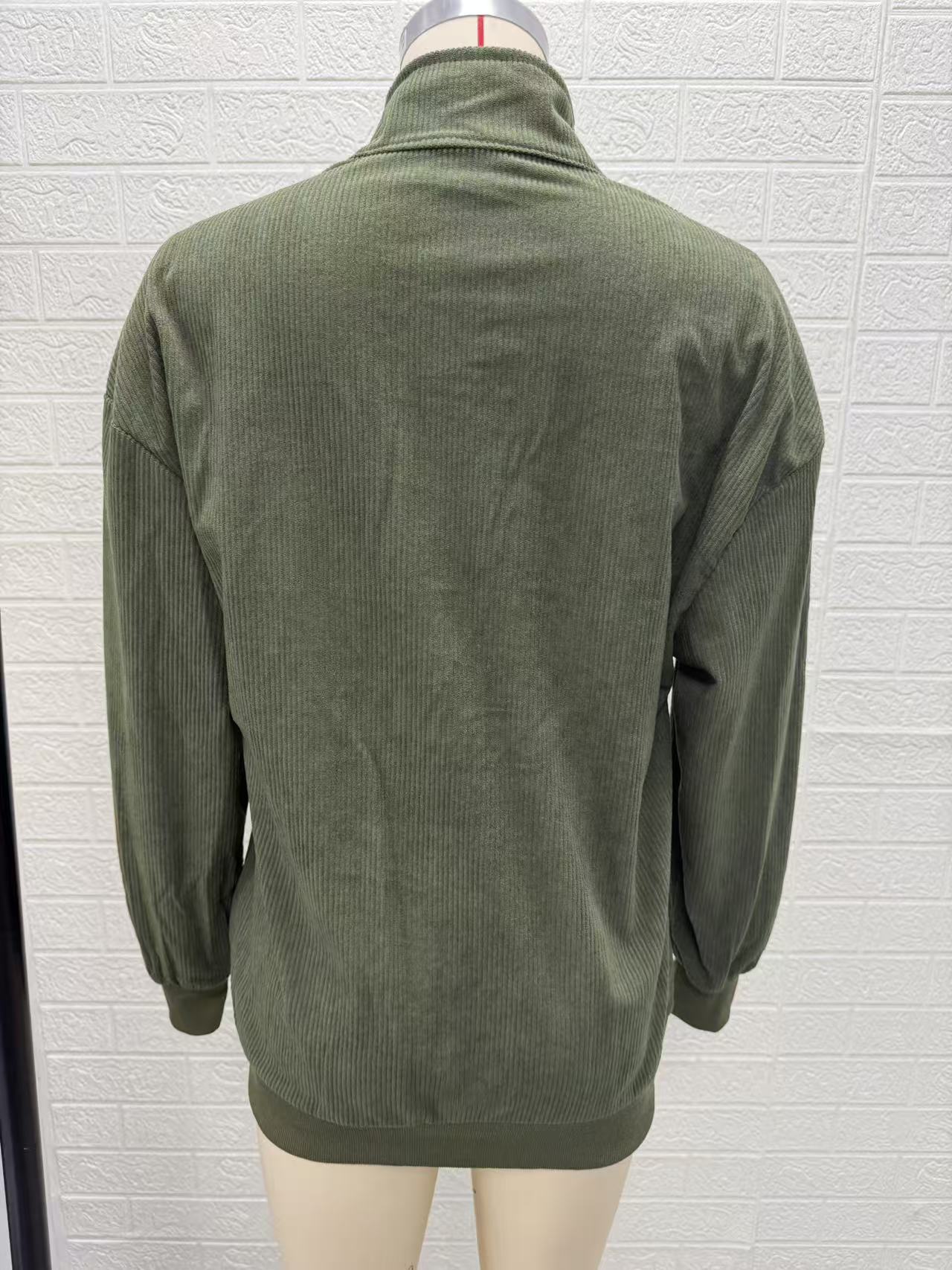 Womens Minimal Olive Ribbed Button Neck Pullover Sweatshirt
