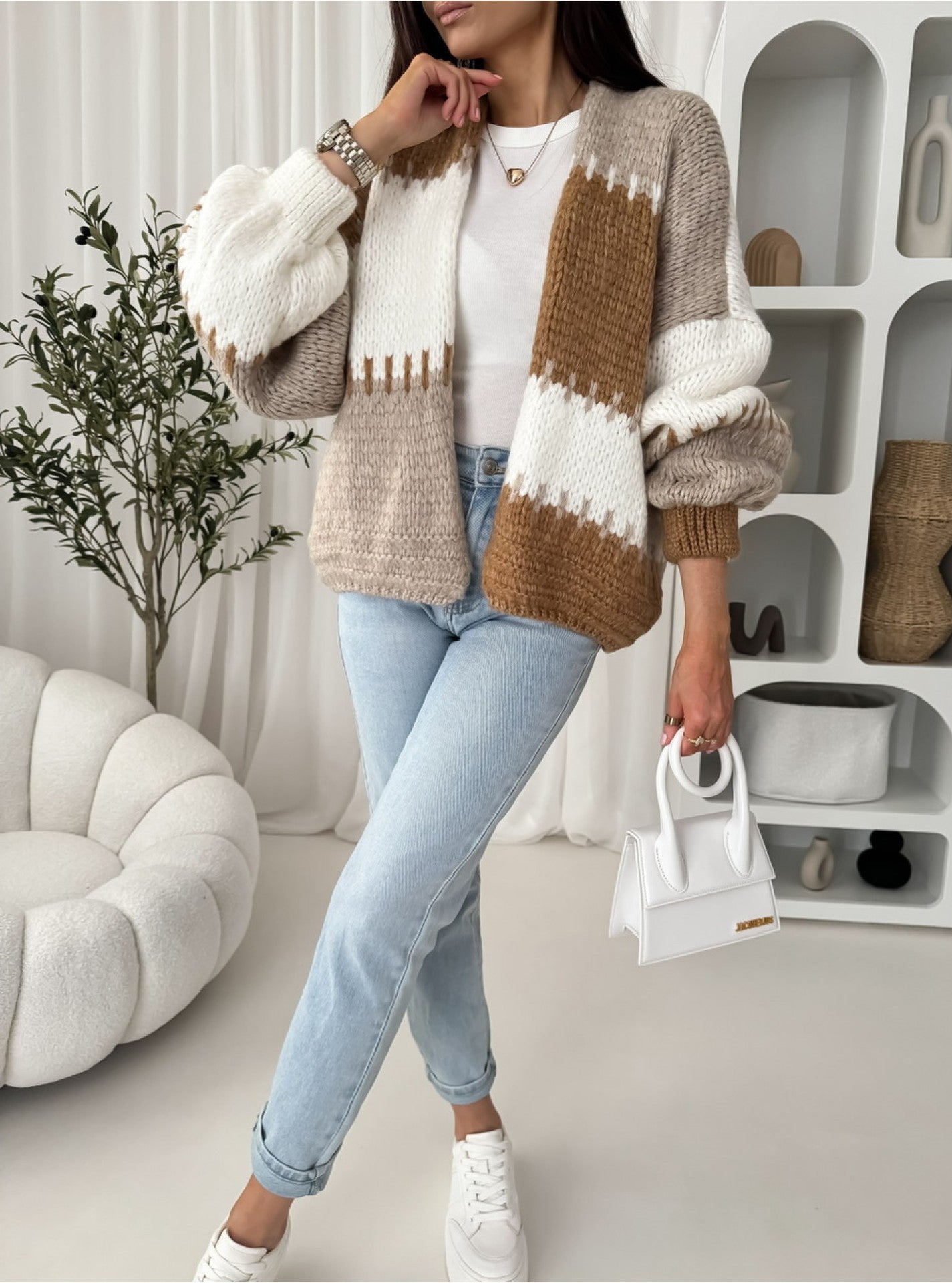 Boutique Neutral Color Block Open Front Cardigan