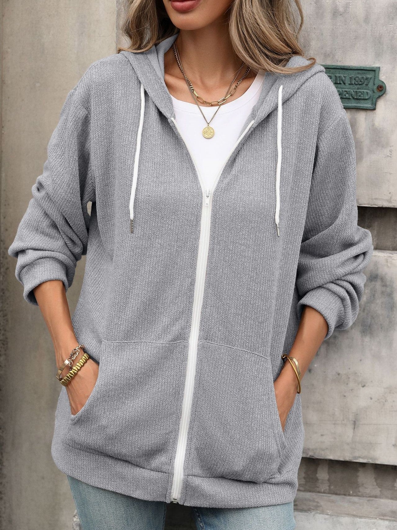 Women's Minimalist Full Zip Hooded Knit Jacket with Pockets