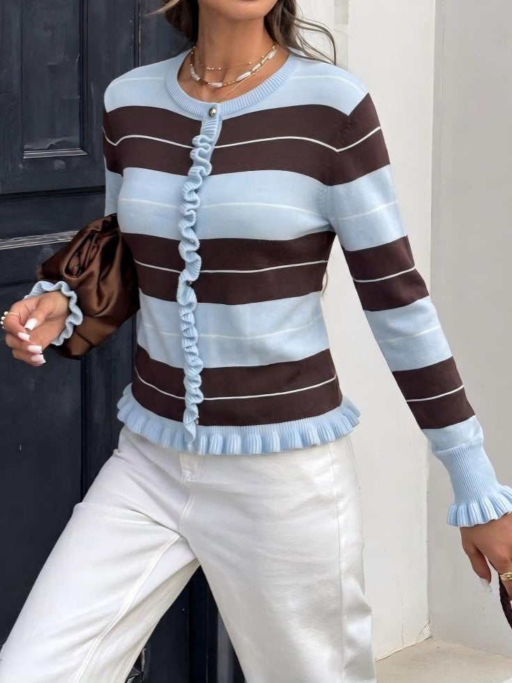 Boutique Striped Ruffle Trim Knit Cardigan