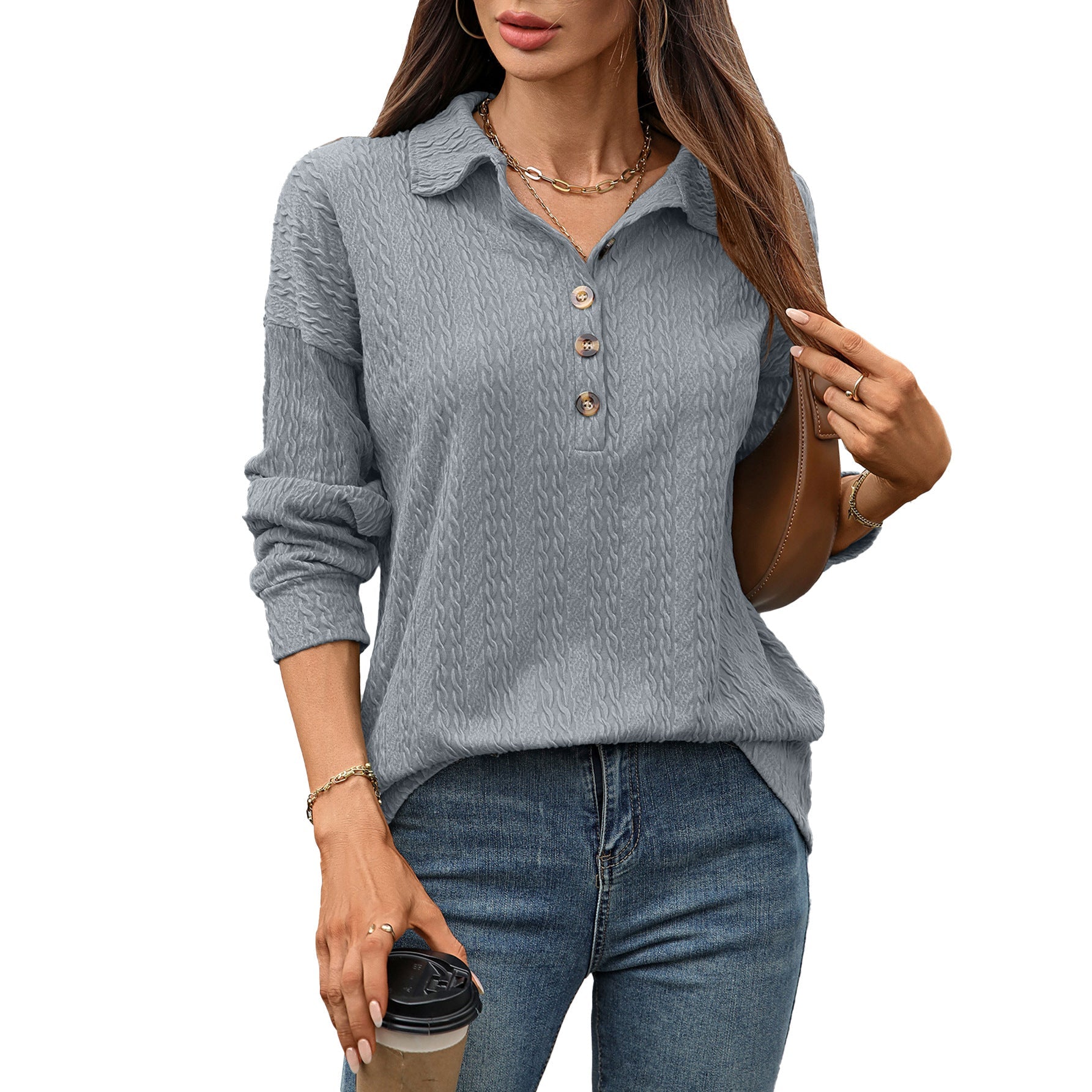 Women's Boutique Textured Button Collar Long Sleeve Knit Top