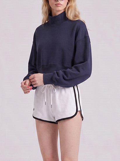 Royal Blue Mock Neck Cropped Sweatshirt, Boxy Long Sleeve Top for Women