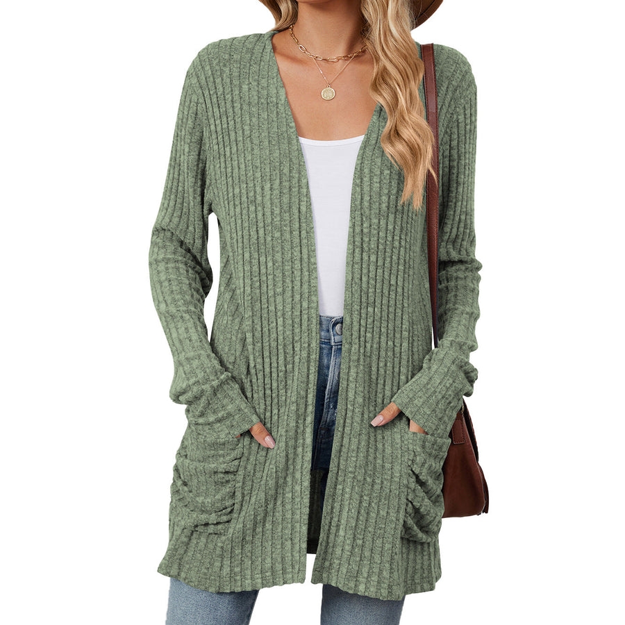 Solid Color Pocket Long-Sleeve Knitted Cardigan