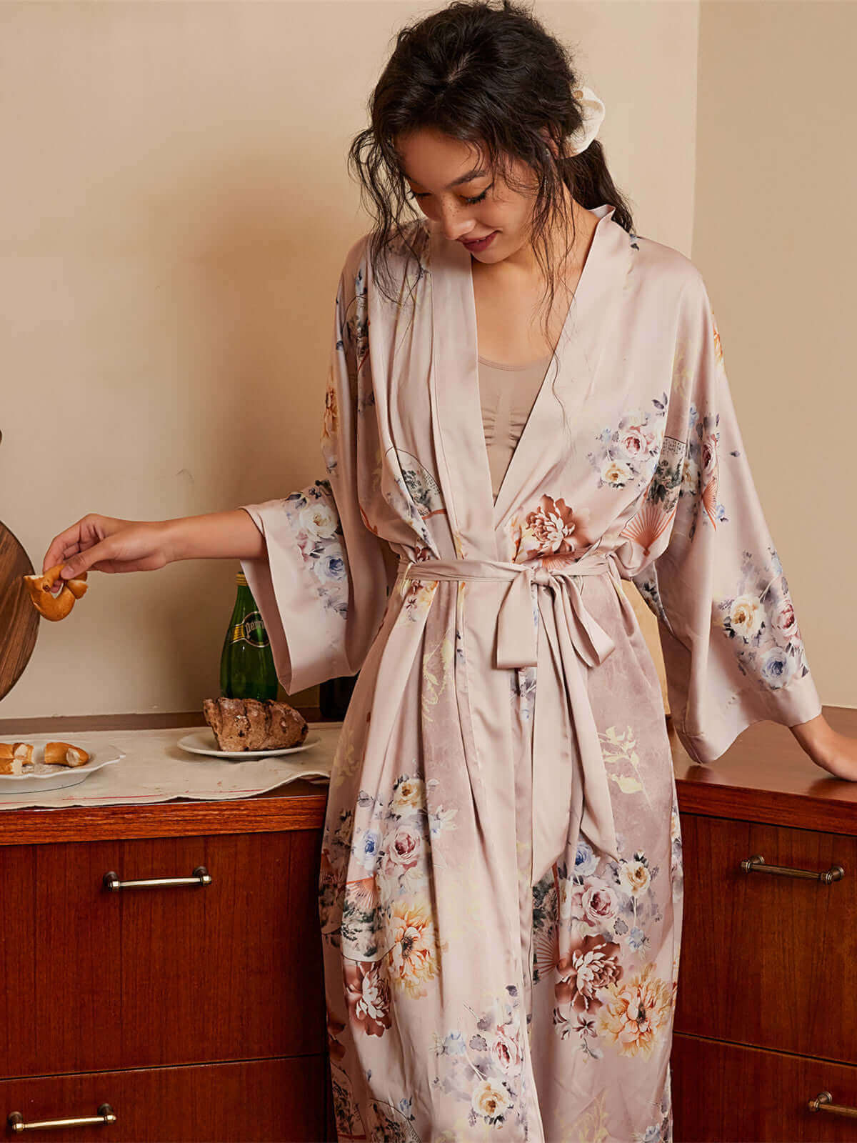 Luxury Floral Robe Kimono | Blush Floral Dressing Gown - Ulivary