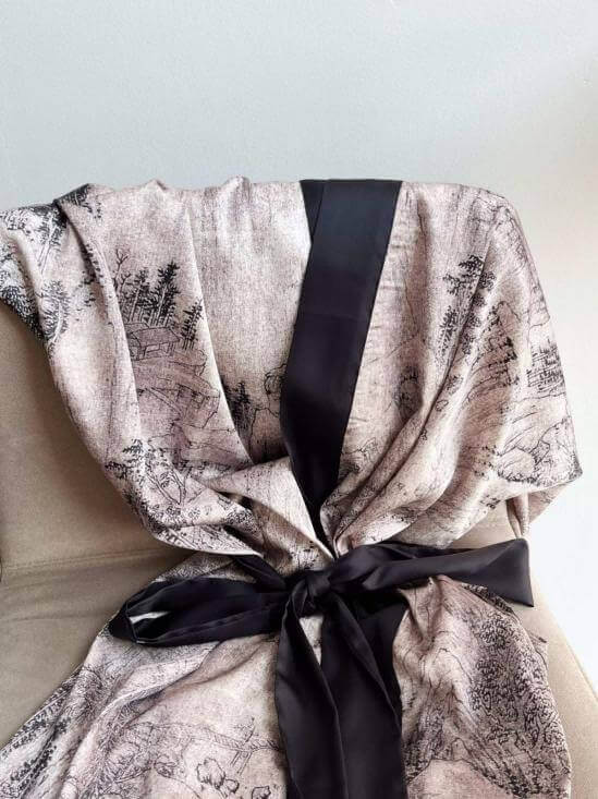 Robe Ink Gray Oriental Ink Printed Silk Shower Robe | Cozy Luxury Morning Robe ...
