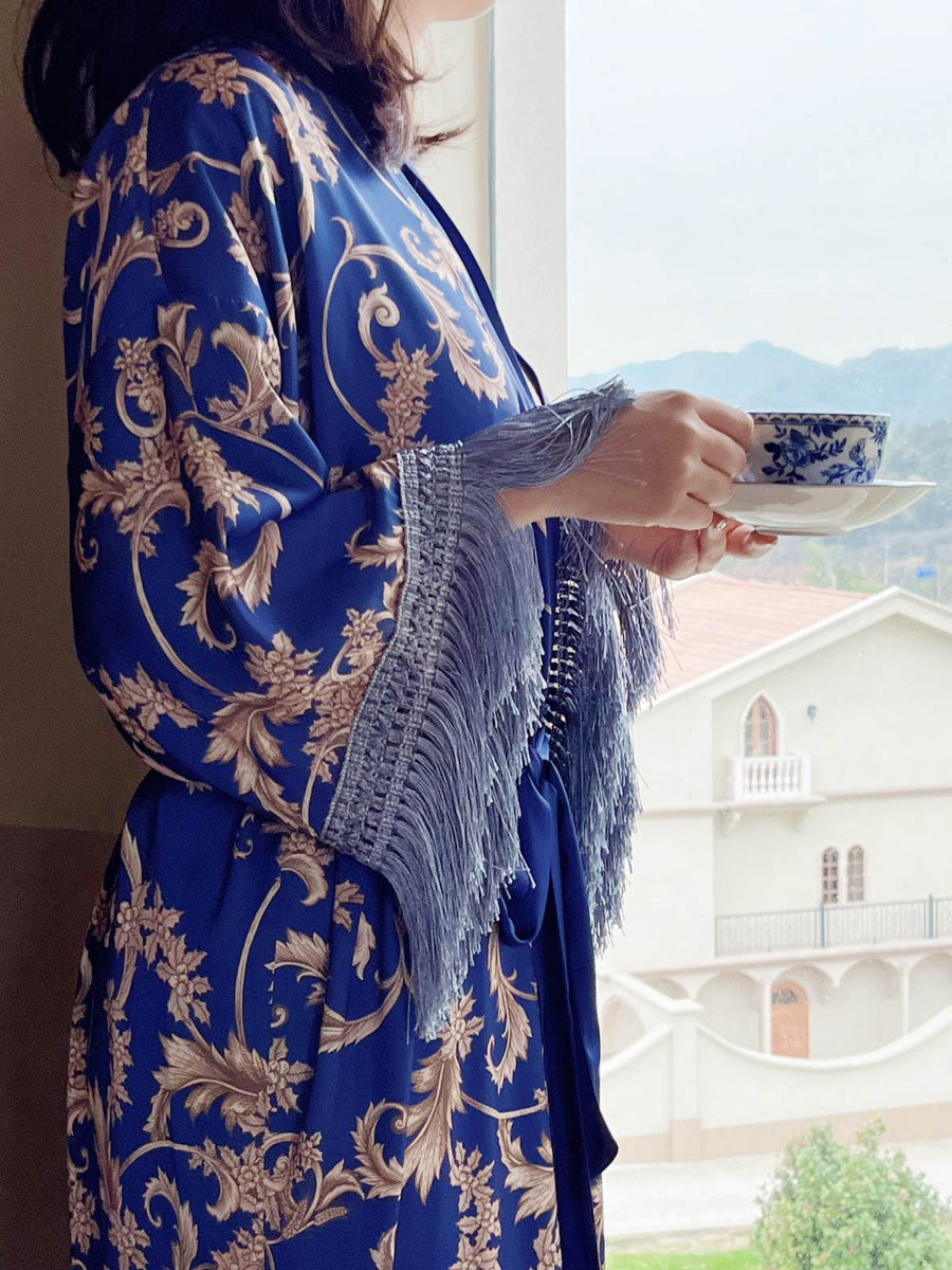 Tassels Blue Kimono Robe