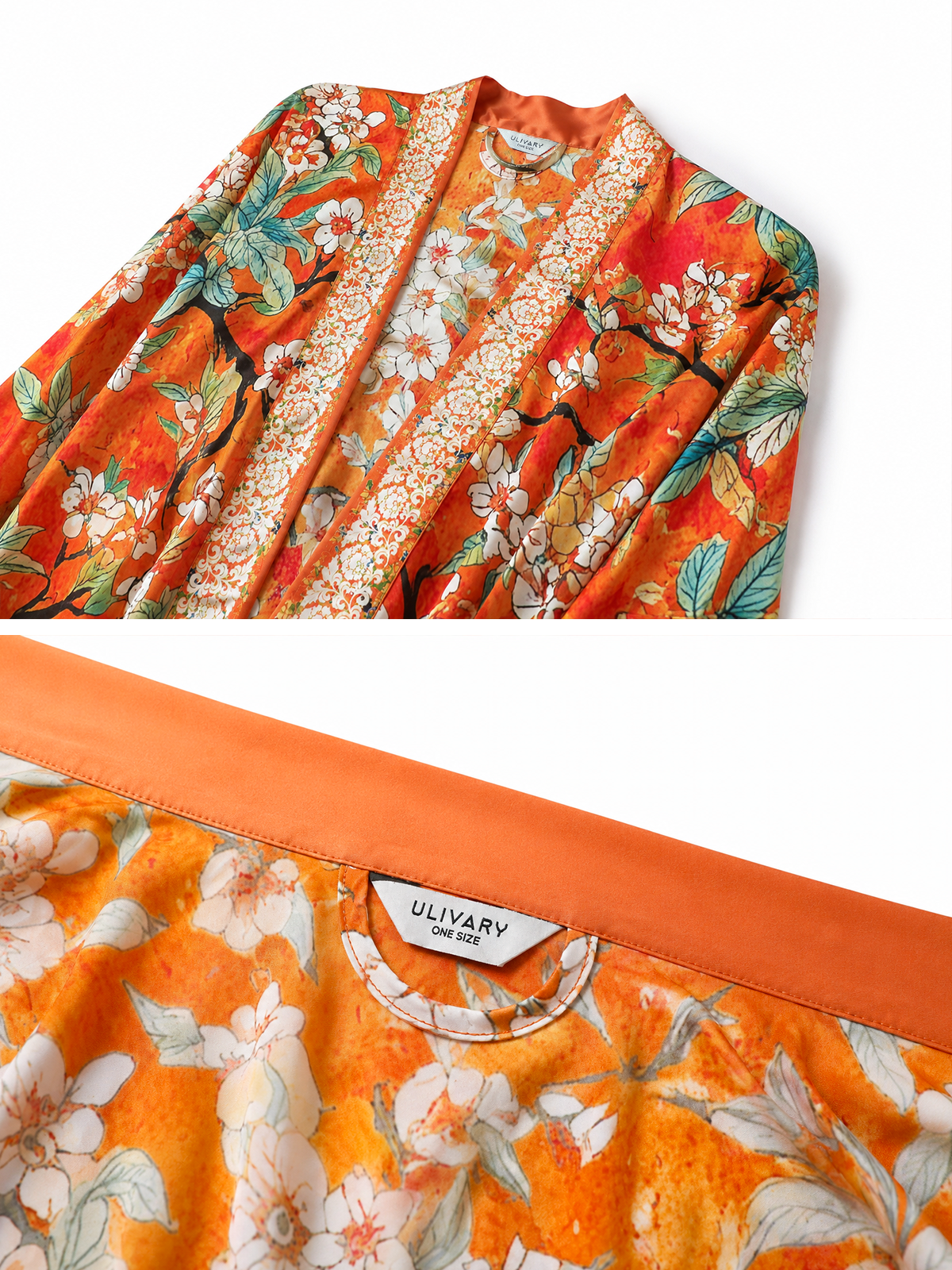 Vintage Orange Enamel Camellia Floral Kimono Robe with Pockets