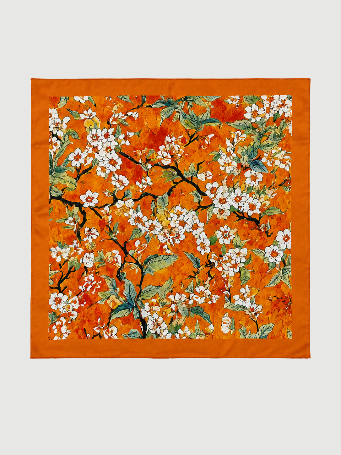 Orange Enamel Camellia Charmeuse Floral Square Scarf