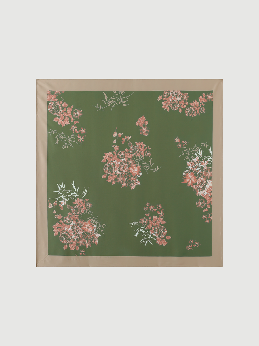 Green Charmeuse Floral Painting Square Scarf