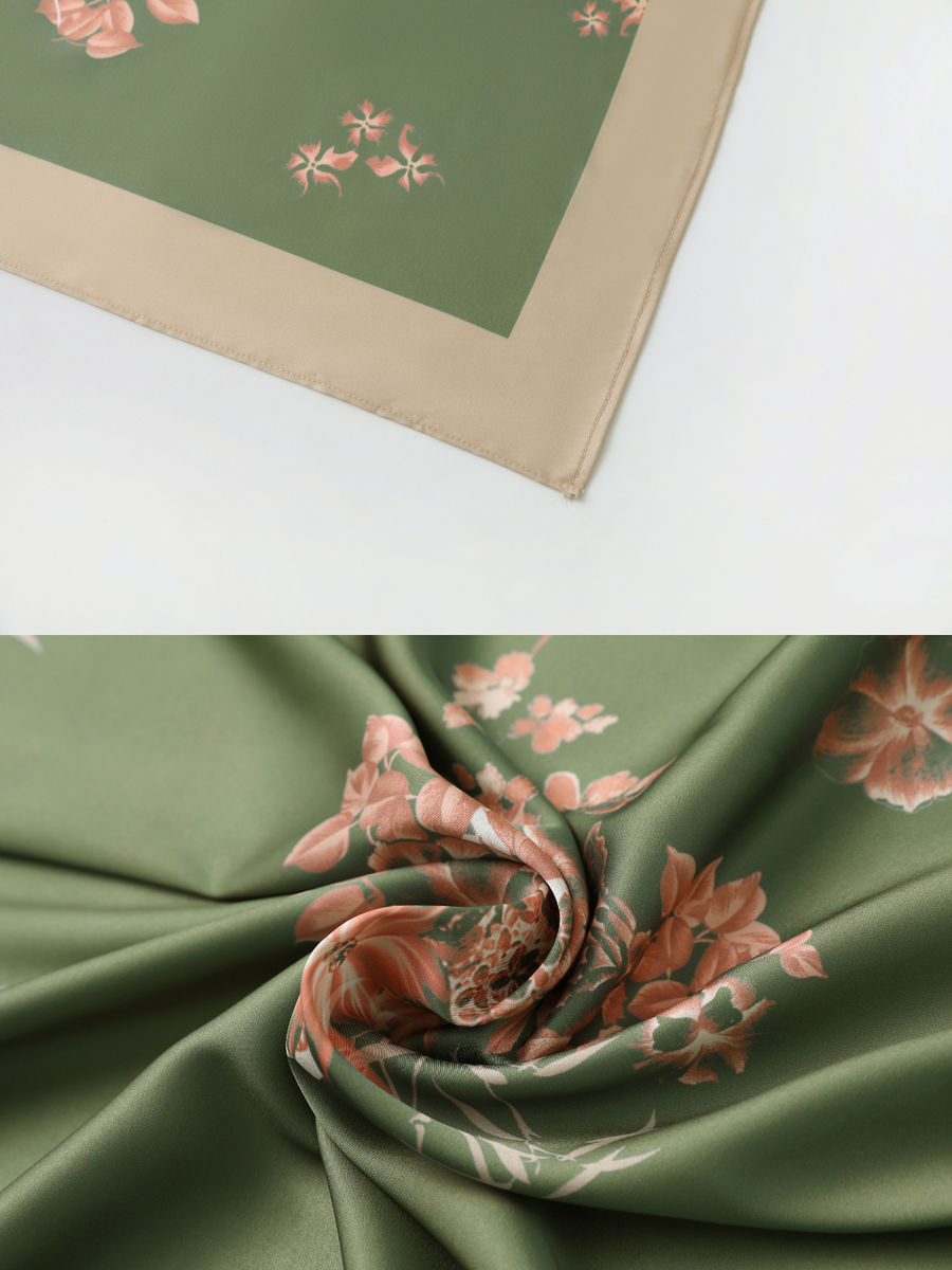 Green Charmeuse Floral Painting Square Scarf