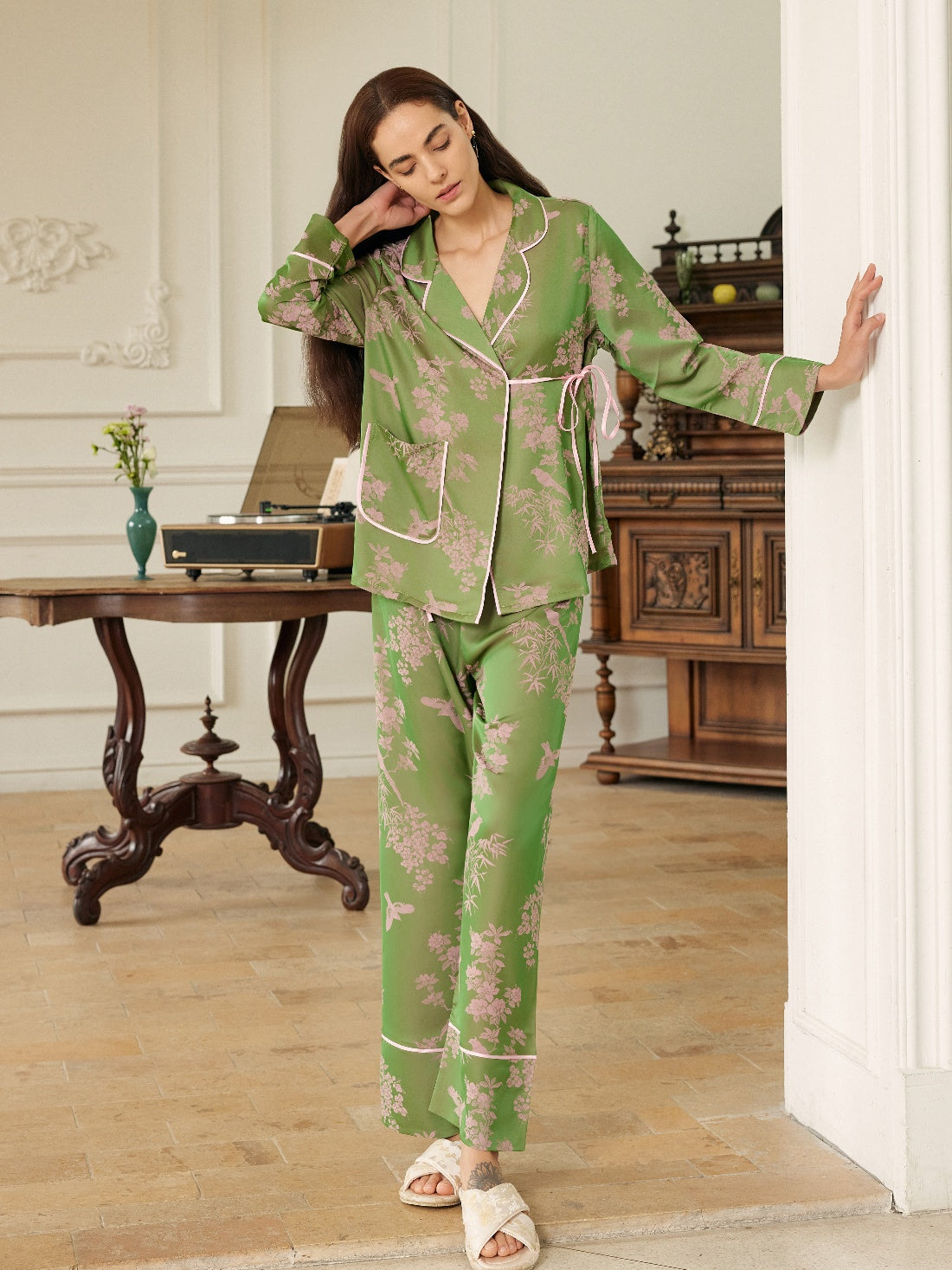 Elegant Pink Green Oriental Pajama Set with Asymmetrical Collar