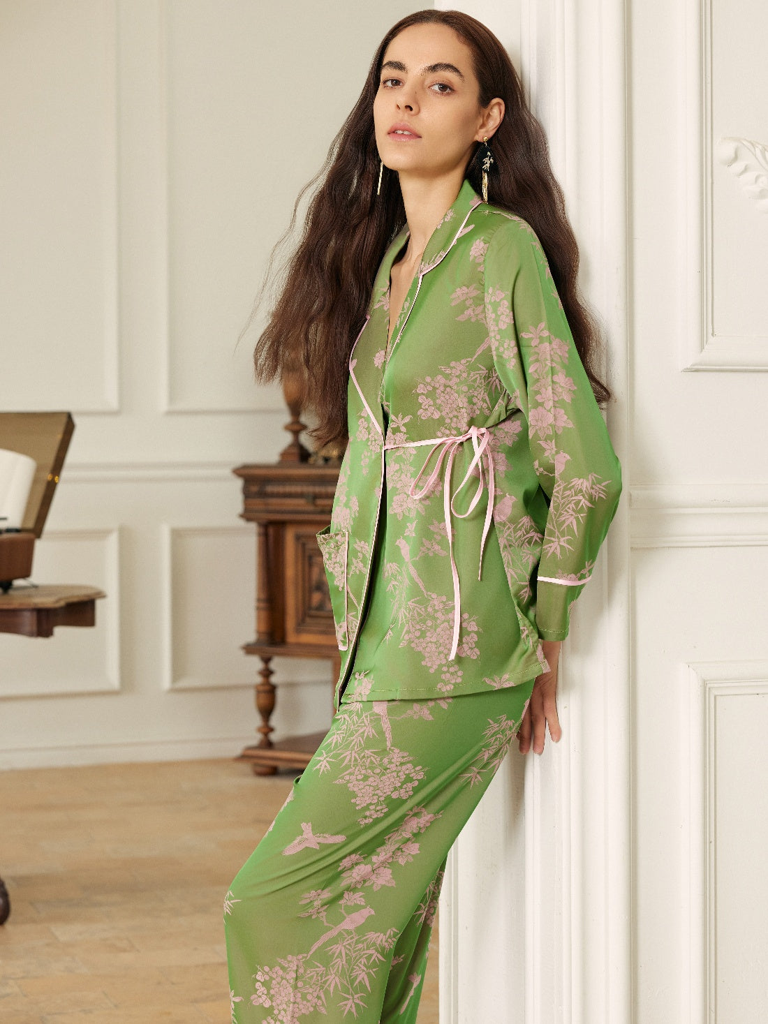 Elegant Pink Green Oriental Pajama Set with Asymmetrical Collar