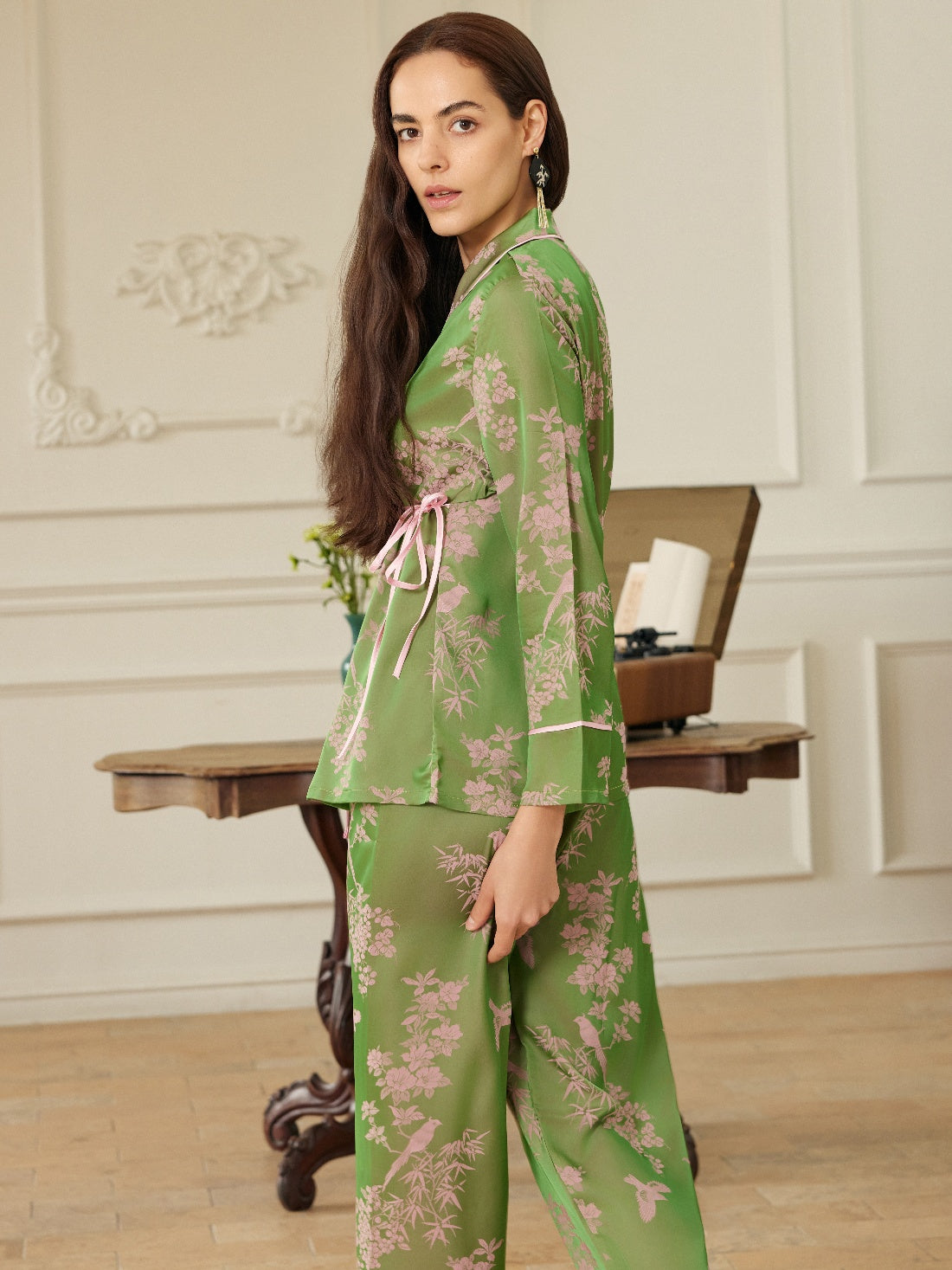 Elegant Pink Green Oriental Pajama Set with Asymmetrical Collar