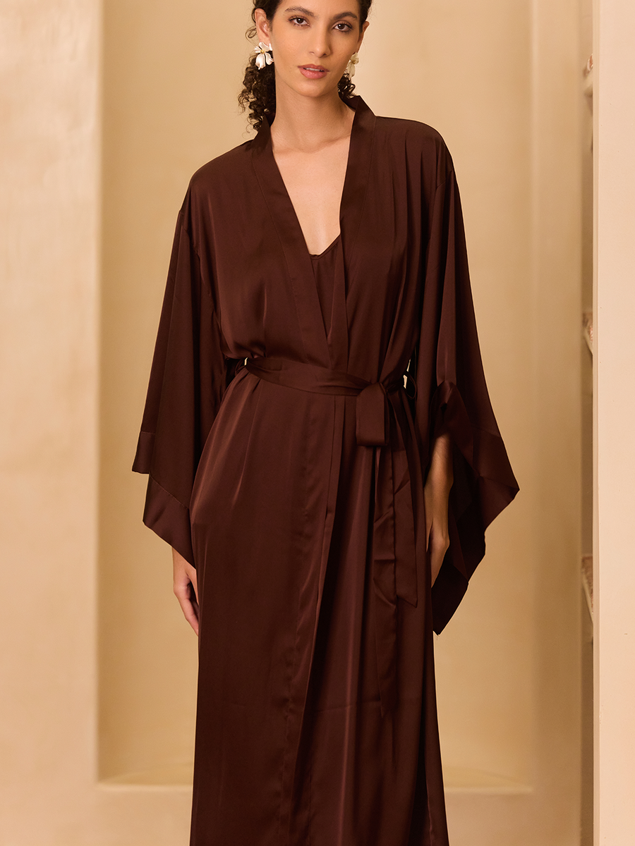 Deep Brown Flowing Sleeve Kimono Robe