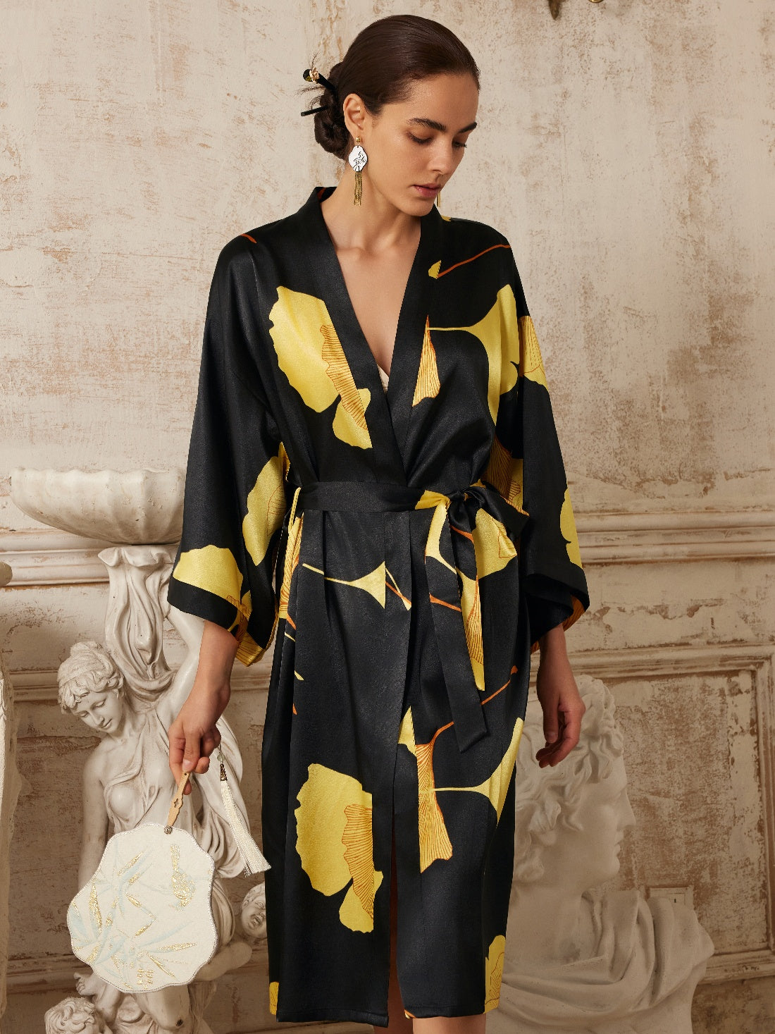 Yellow Ginkgo Leaf Print Black Kimono Robe