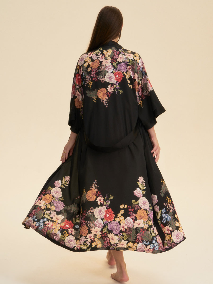 Black Floral Cluster Kimono Robe