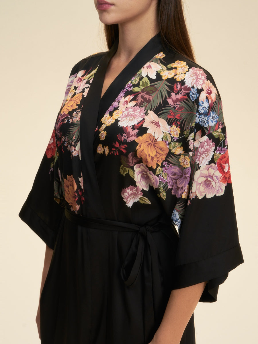 Black Floral Cluster Kimono Robe