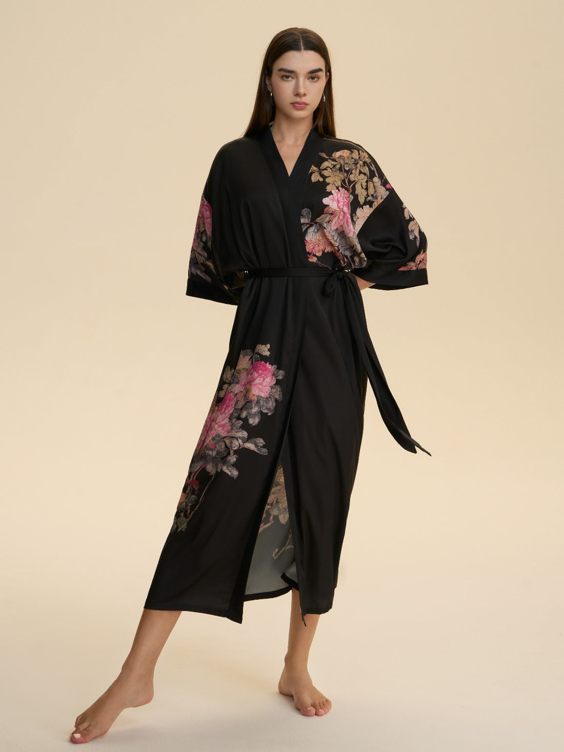 Black Peony Elegance Kimono Robe