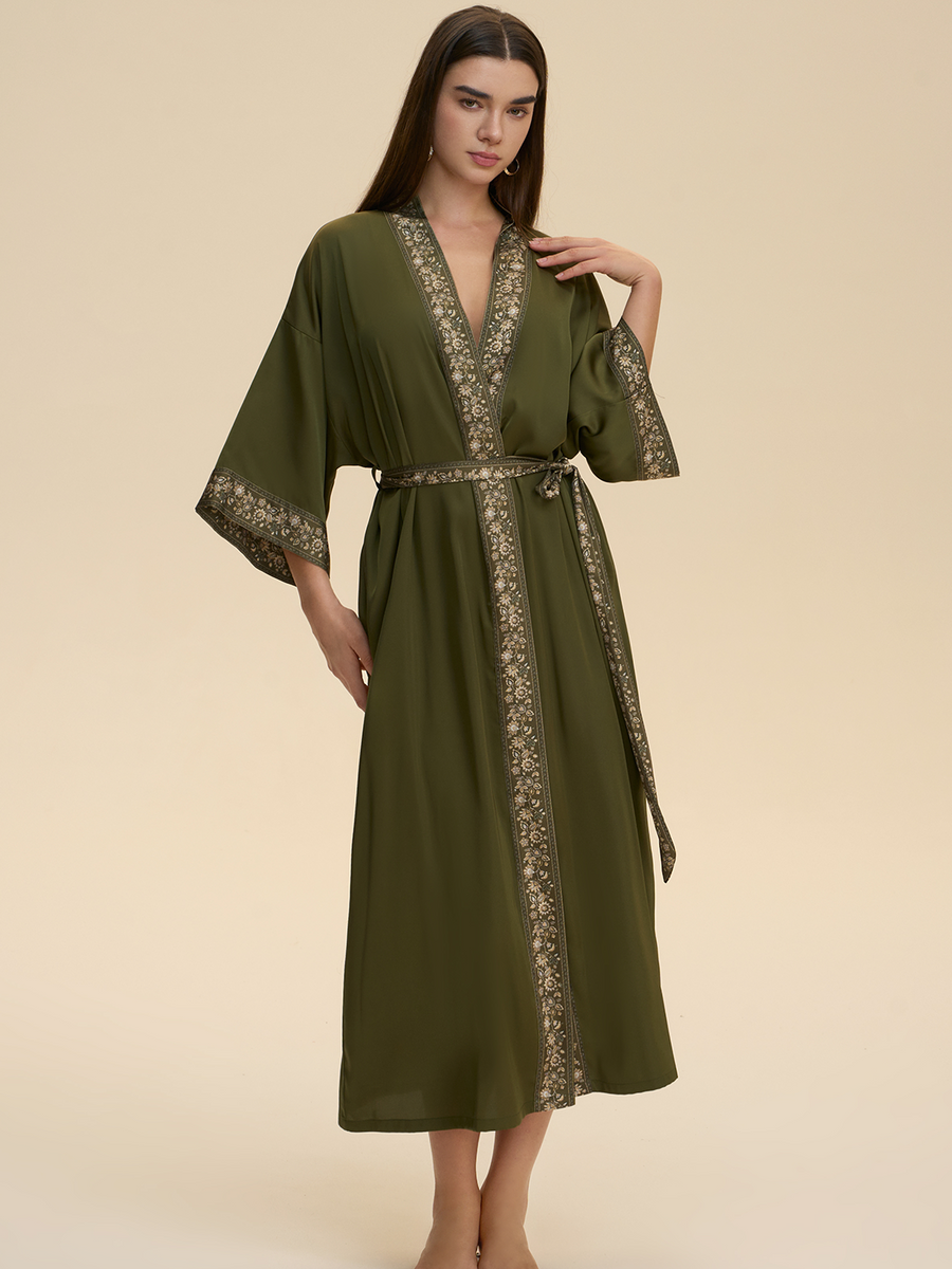 Green Embellished Flower Kimono Robe