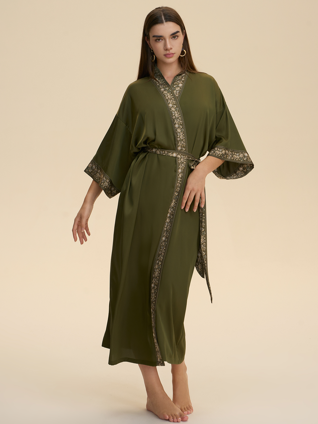 Green Embellished Flower Kimono Robe