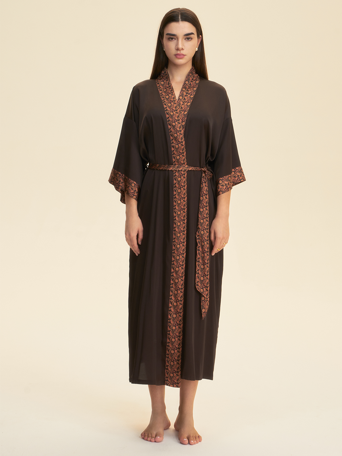 Dark Brown Embellished Flower Kimono Robe