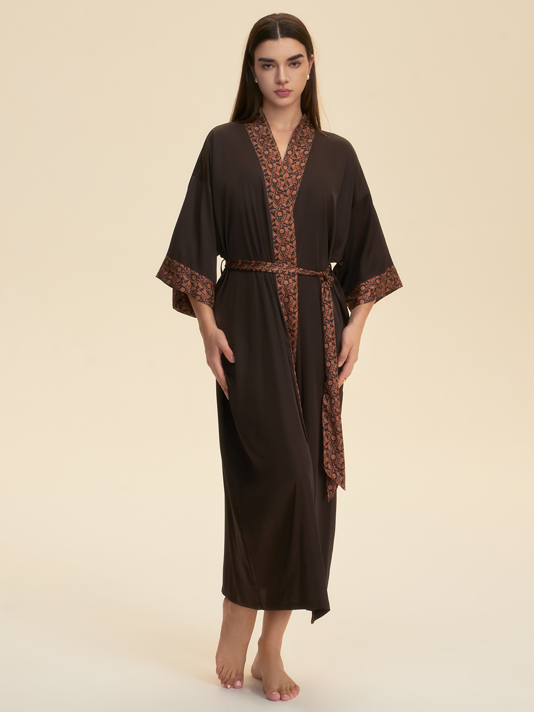 Dark Brown Embellished Flower Kimono Robe