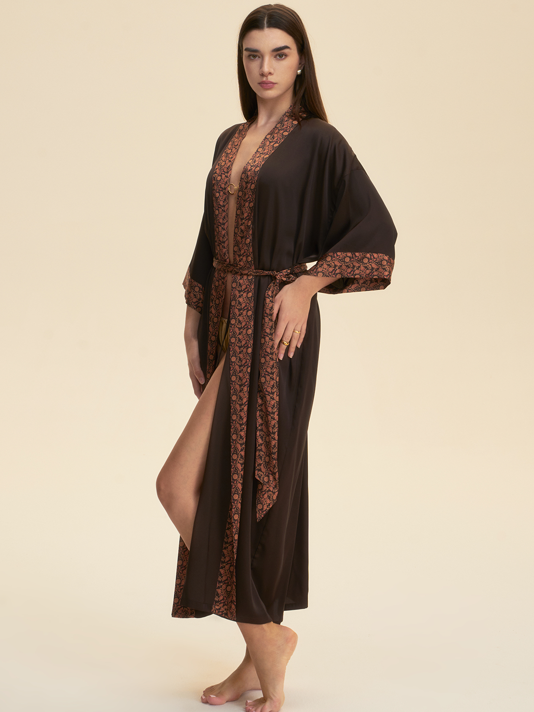 Dark Brown Embellished Flower Kimono Robe