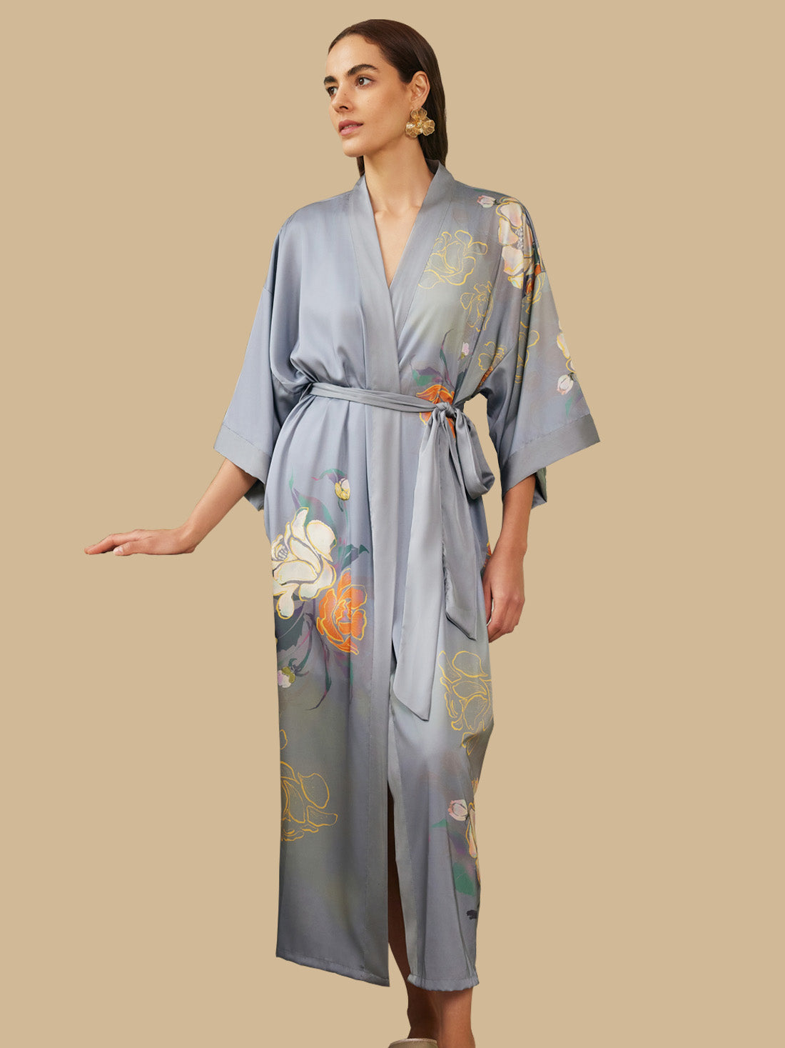 Gray Floral Gold-Print Long Kimono Robe