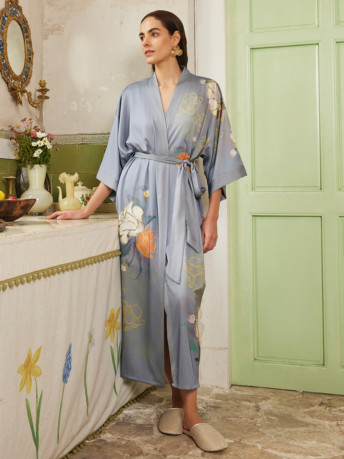 Gray Floral Gold-Print Long Kimono Robe