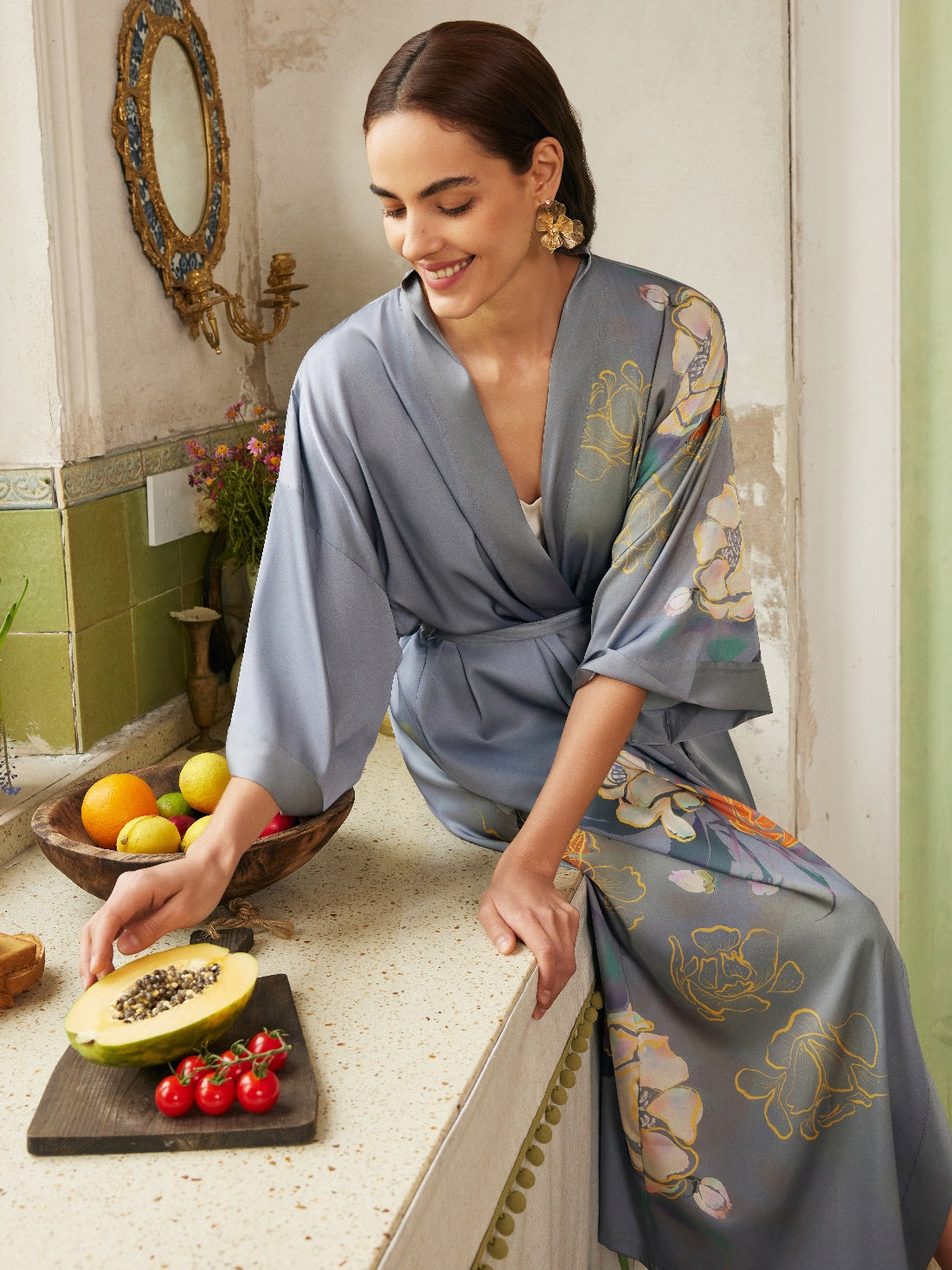 Gray Floral Gold-Print Long Kimono Robe