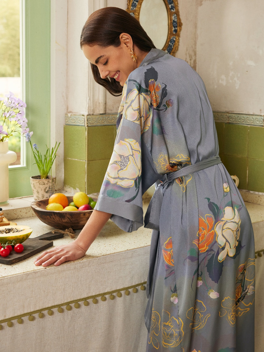 Gray Floral Gold-Print Long Kimono Robe