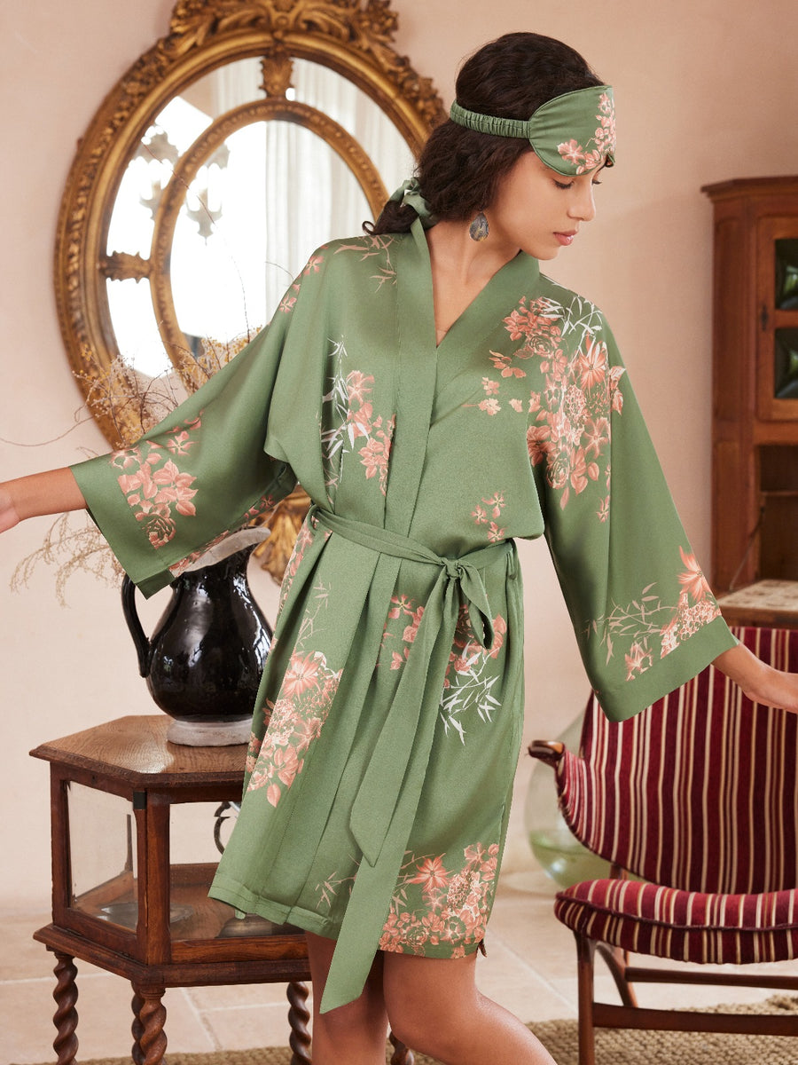 Green Summer Bathrobe Women | Olive Bamboo Floral Silk Night Gown - Ulivary Green Summer Bathrobe Women | Olive Bamboo Floral Silk Night Gown - Ulivary