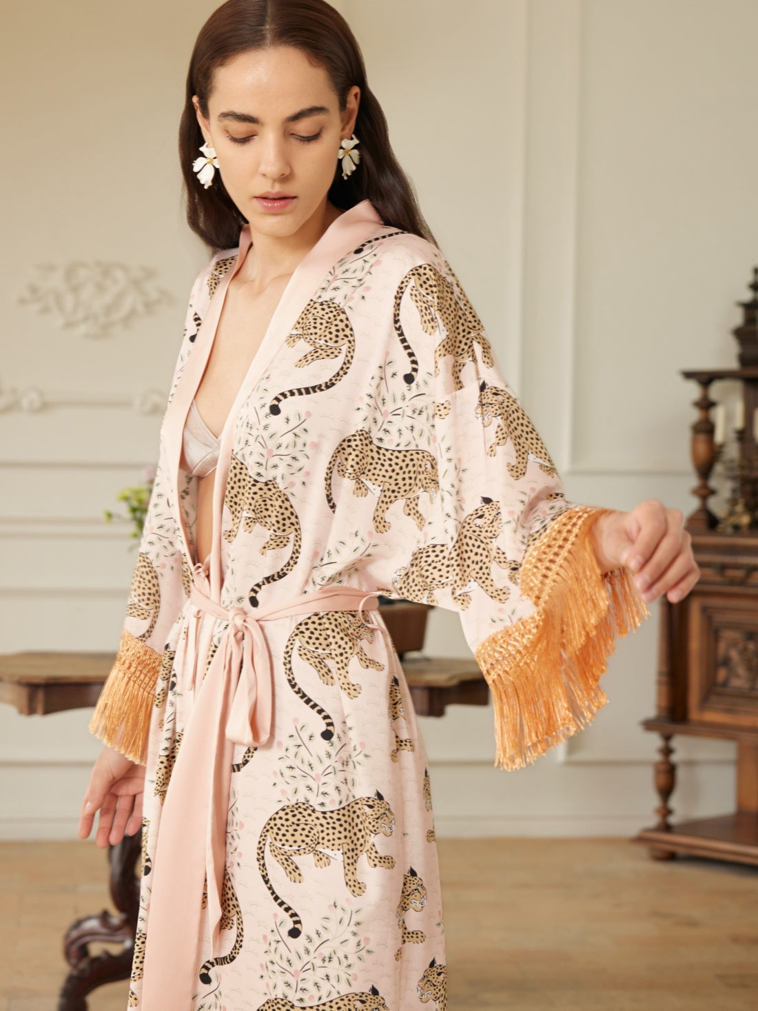 Pink Leopard Tassel Kimono Robe