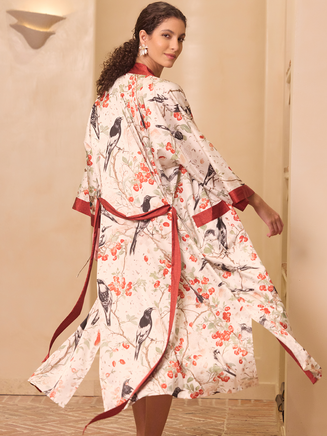 Red Magpie Garden Kimono Robe