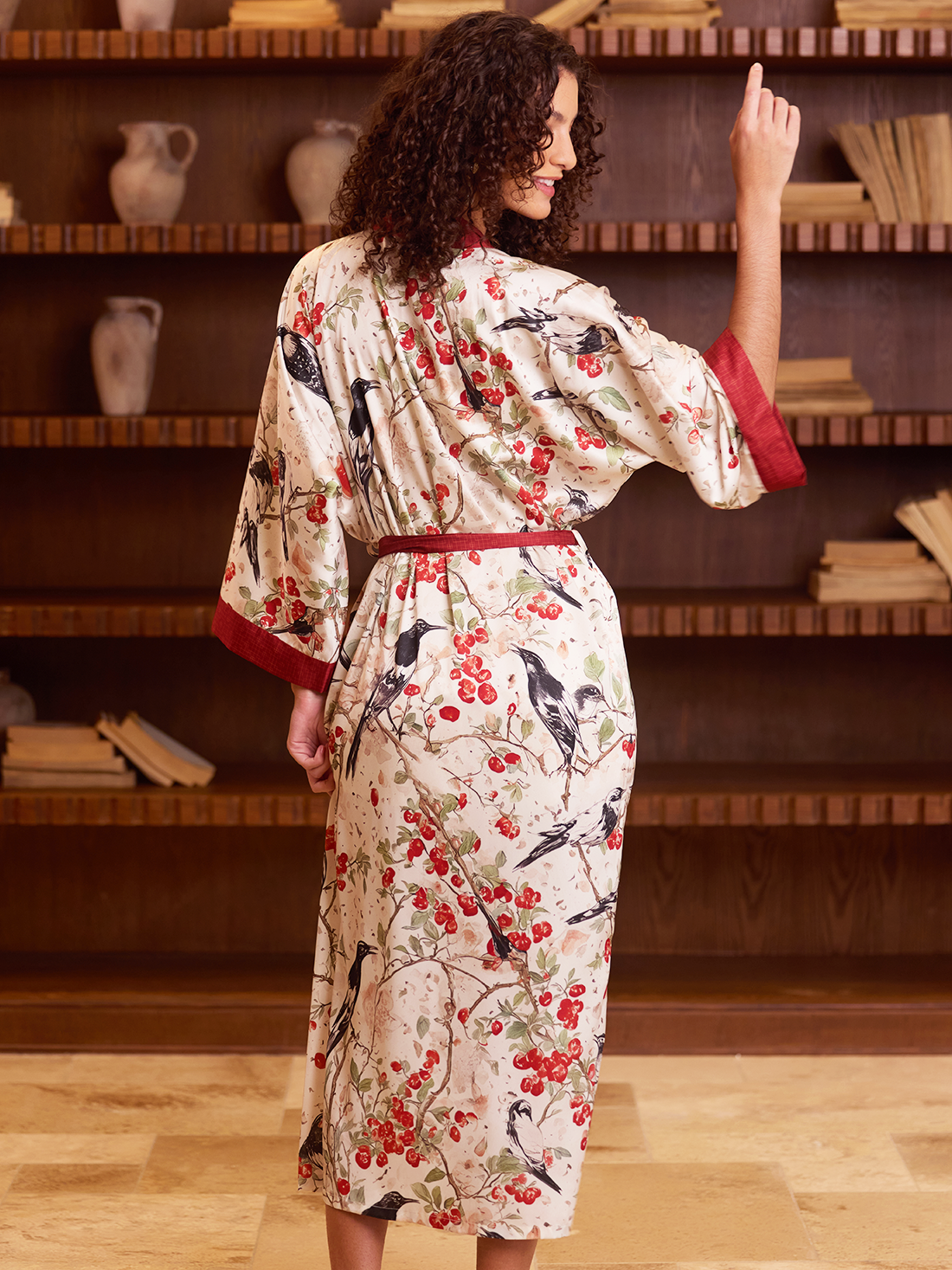 Red Magpie Garden Kimono Robe