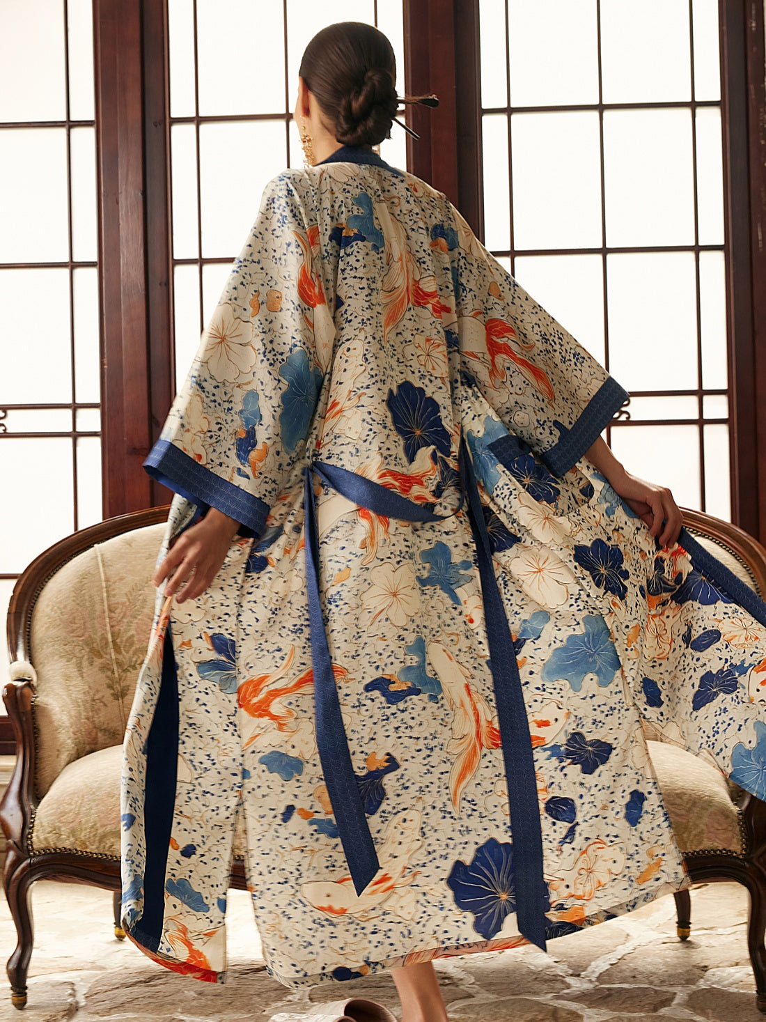 Koi & Lotus Dreamscape Kimono Robe with Elegant Pockets
