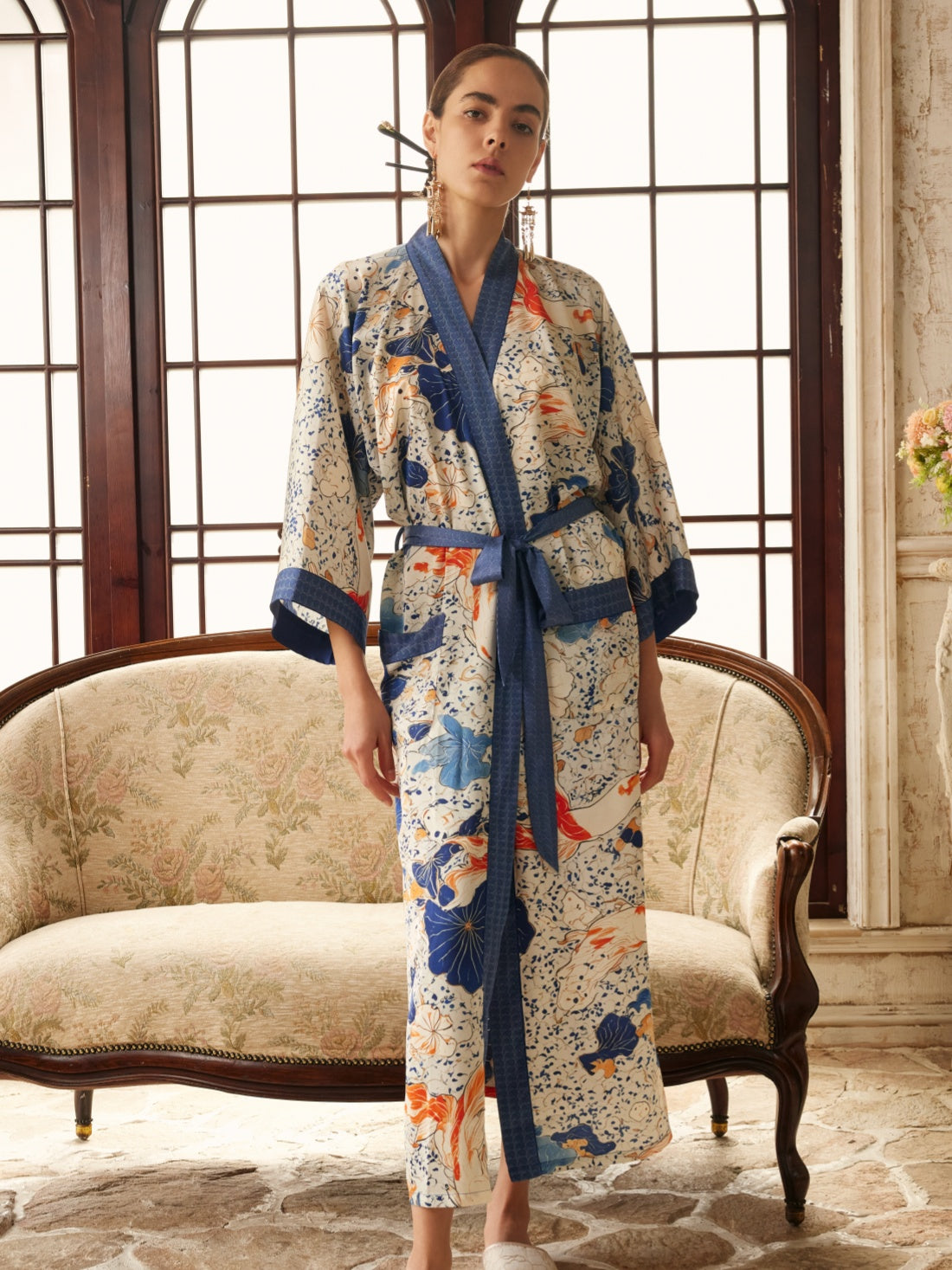 Koi & Lotus Dreamscape Kimono Robe with Elegant Pockets