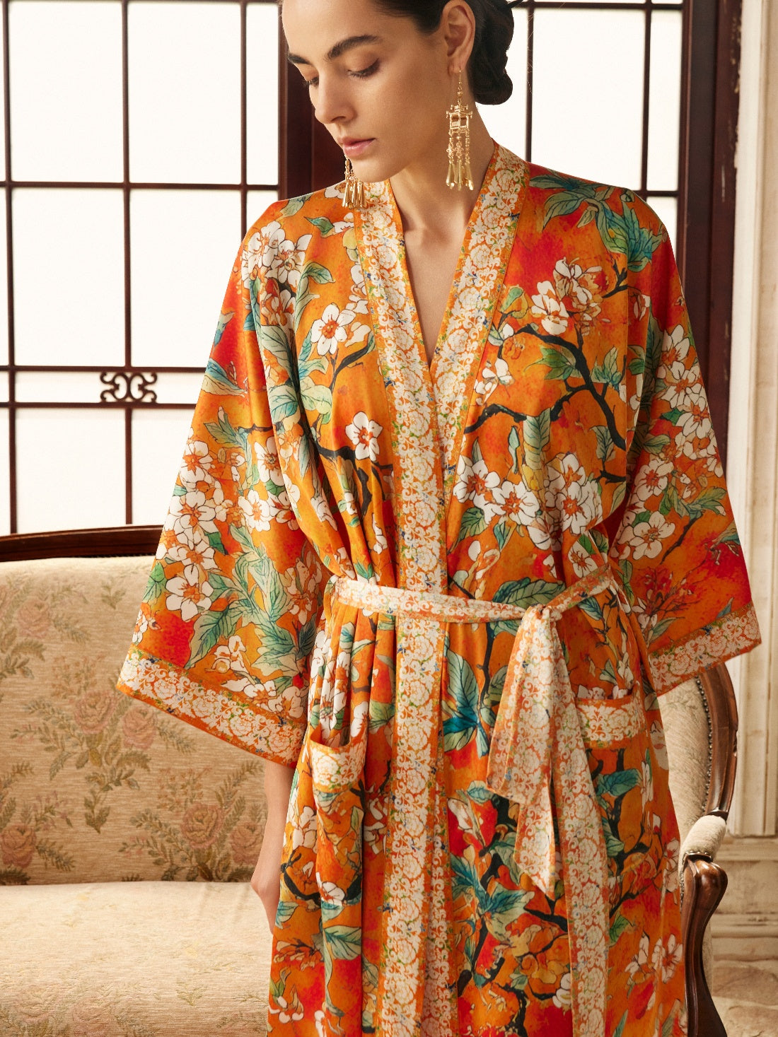 Vintage Orange Enamel Camellia Floral Kimono Robe with Pockets
