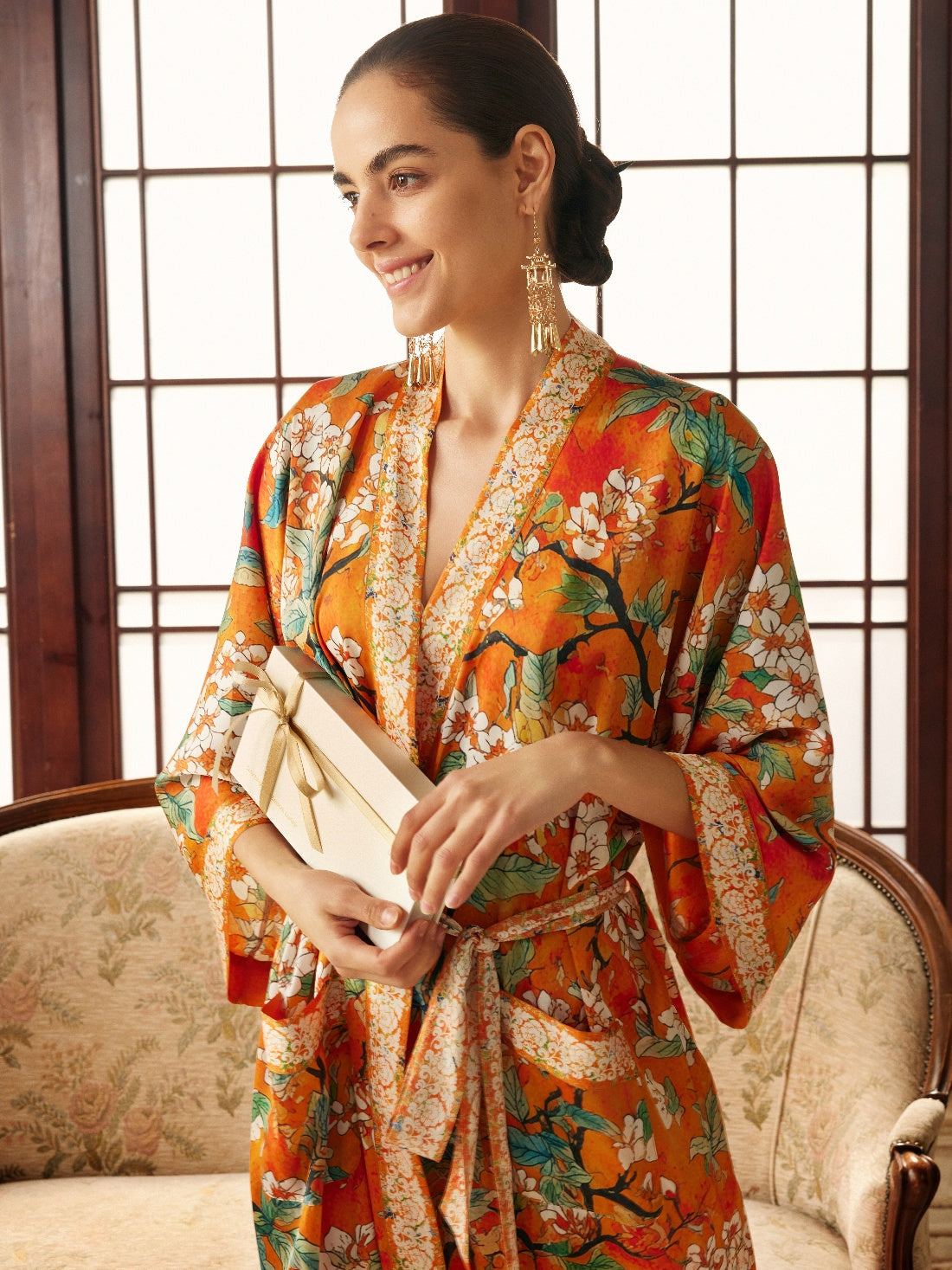 Vintage Orange Enamel Camellia Floral Kimono Robe with Pockets
