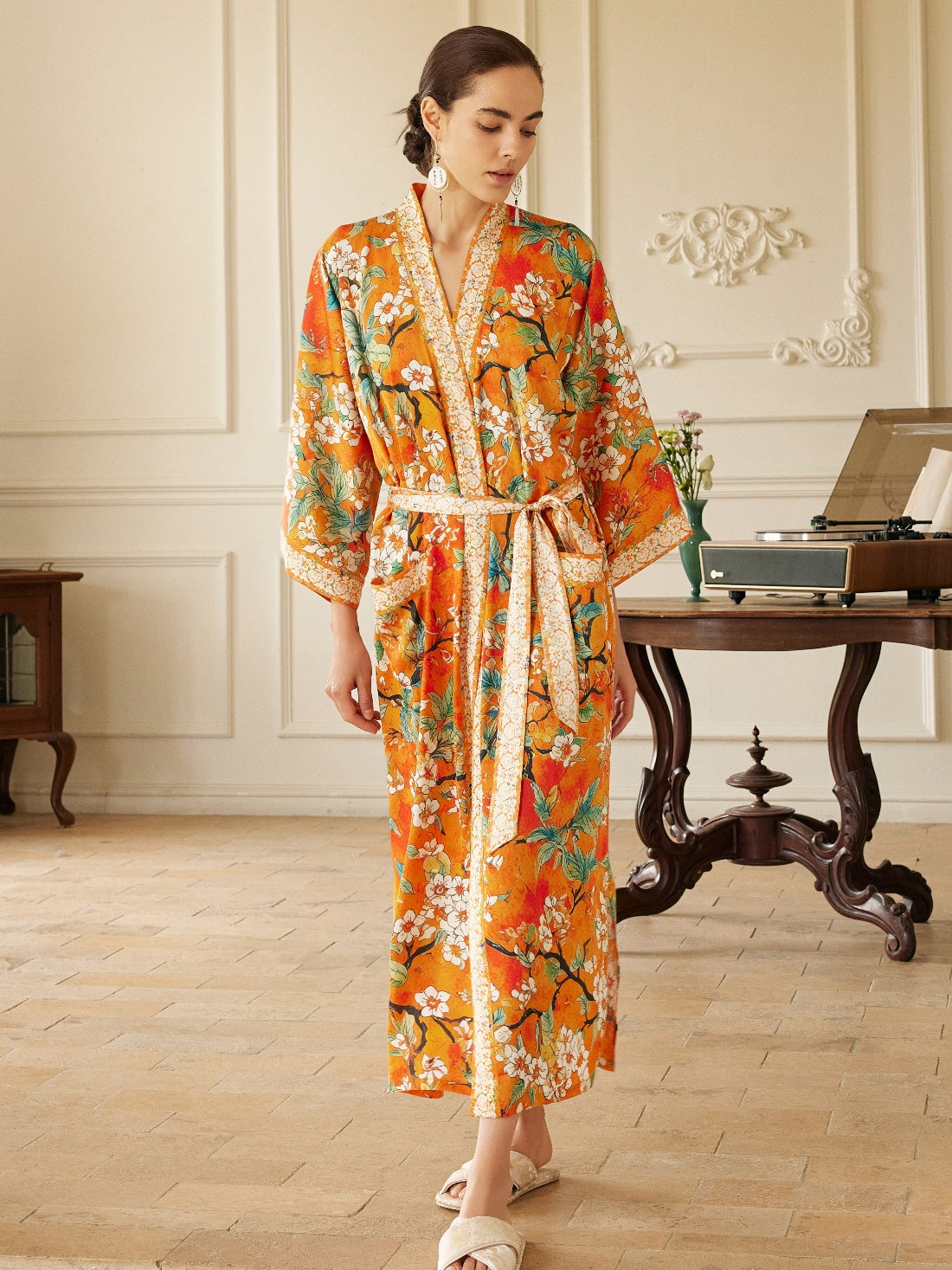 Vintage Orange Enamel Camellia Floral Kimono Robe with Pockets