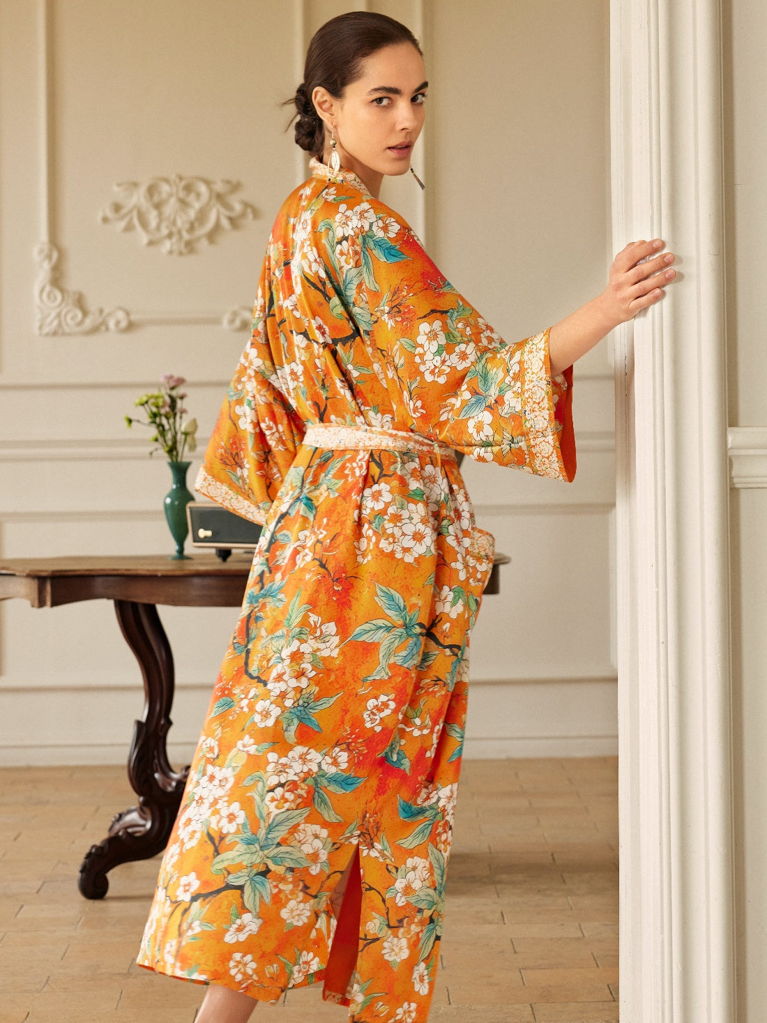 Vintage Orange Enamel Camellia Floral Kimono Robe with Pockets